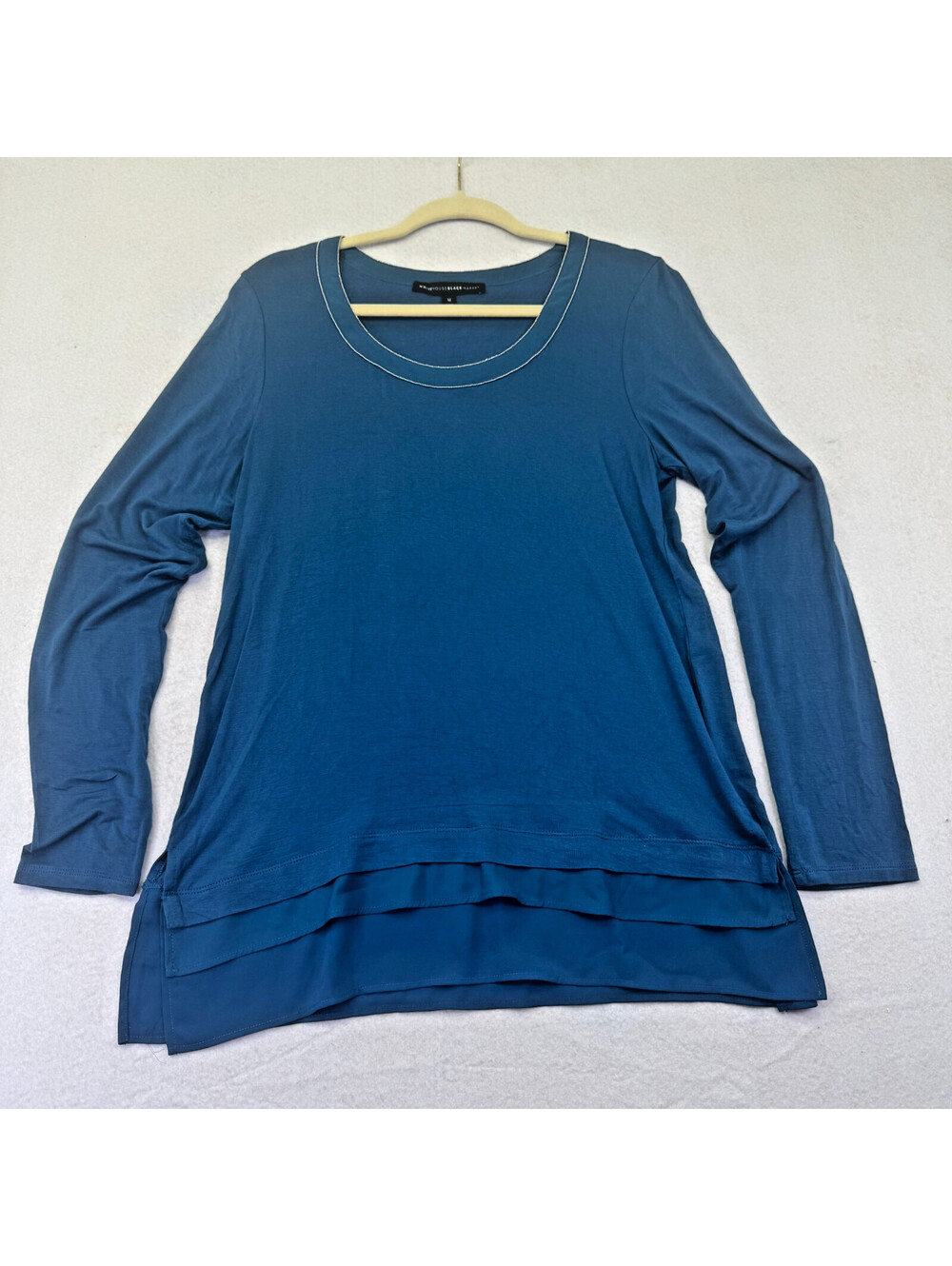 White House Black Market Top Medium Blue Beaded Neckline Layered Hem Women's